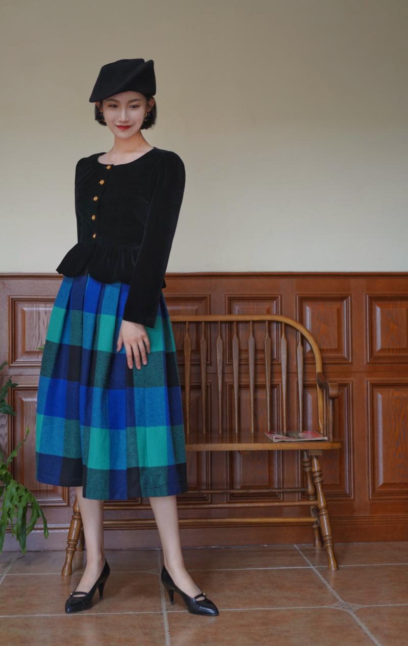 Indigo Green Plaid Retro Umbrella Skirt