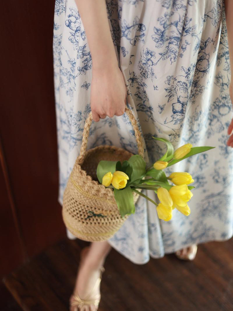 Blue indigo flower pattern retro dress