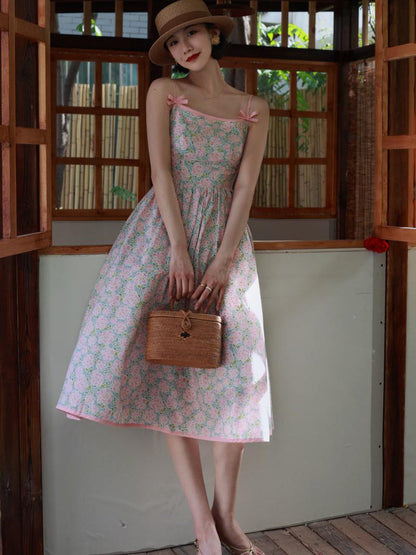 Baby Pink Flower Crowd Retro Camisole Dress