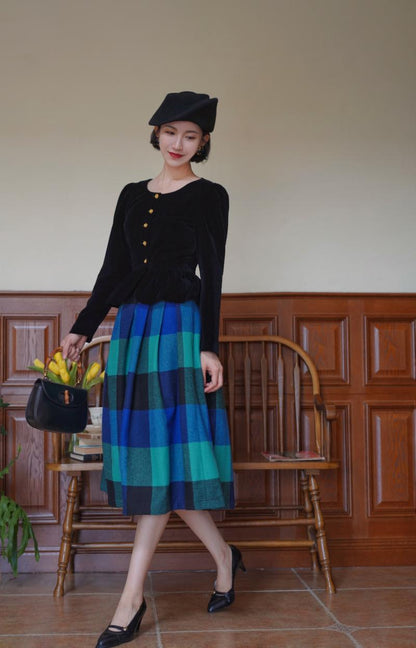 Indigo Green Plaid Retro Umbrella Skirt