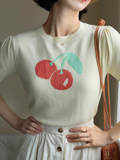 Knitted top with red cherry print