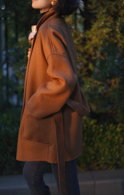 Gray Brown Lady Classical Middle Wool Coat