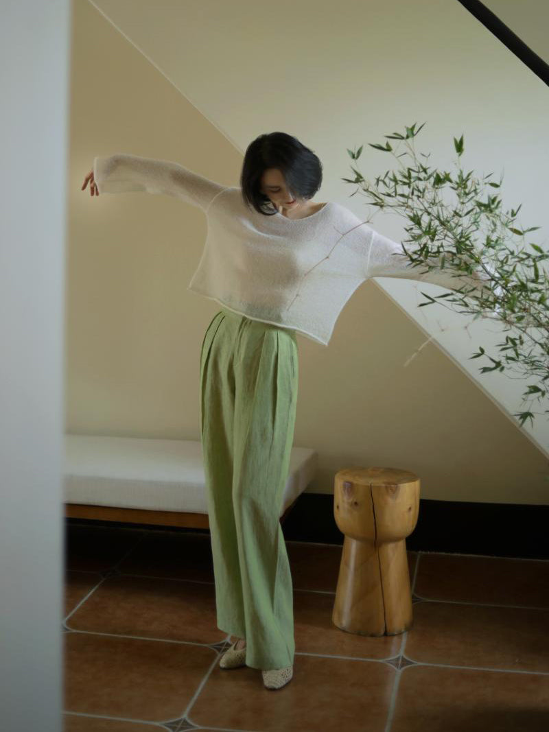 Yellow Light Green Lady Wide Leg Linen Pants