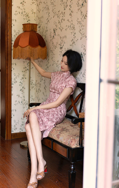 Pale crimson bird cheongsam dress