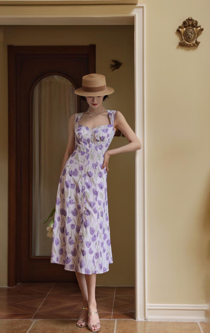 Light purple flower pattern retro dress