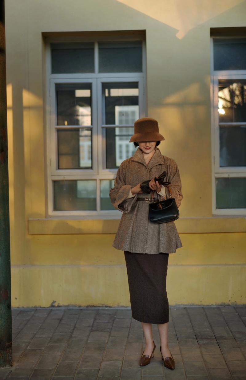 Gray brown lady herringbone wool coat