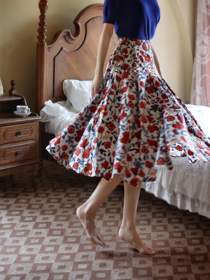 oil painting flower pattern hepburn skirt