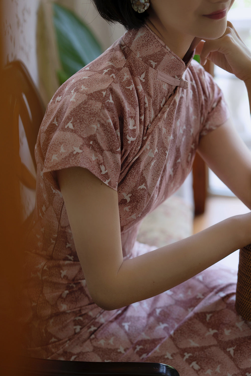 Pale crimson bird cheongsam dress