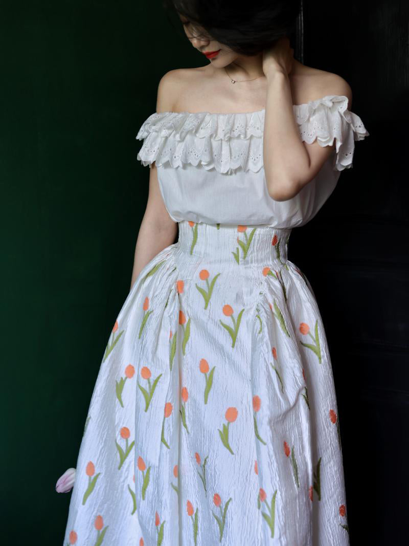 Pure white embroidery off-shoulder blouse