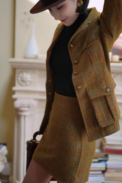 Gray-yellow-green plaid tweed jacket and tweed skirt