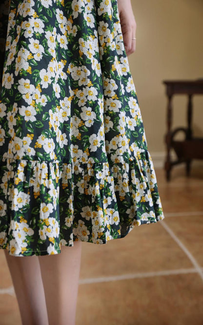 Dark Green Flower Crowd Hepburn Dress