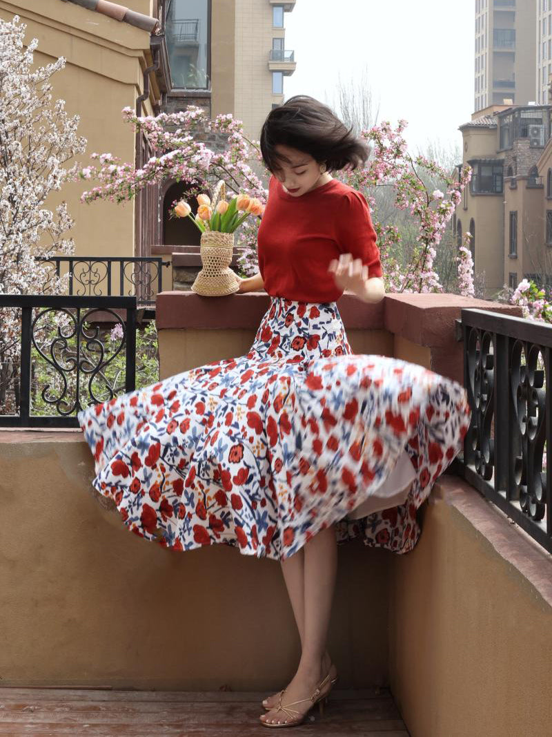 oil painting flower pattern hepburn skirt