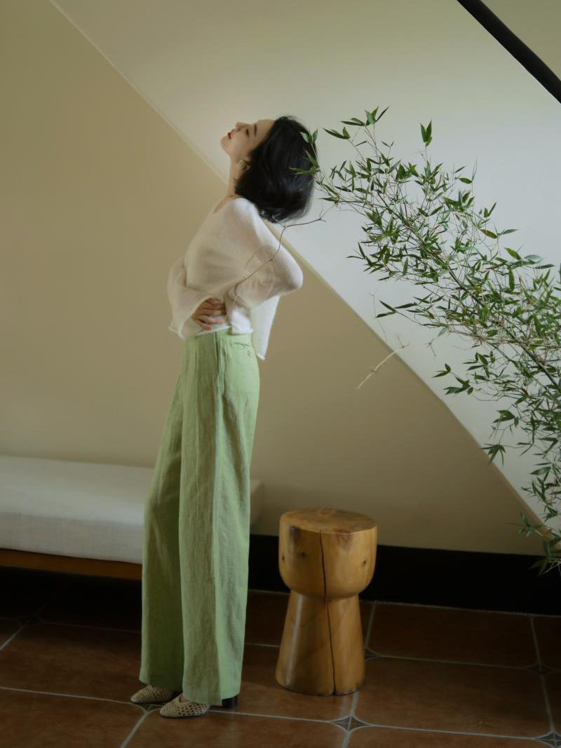 Yellow Light Green Lady Wide Leg Linen Pants