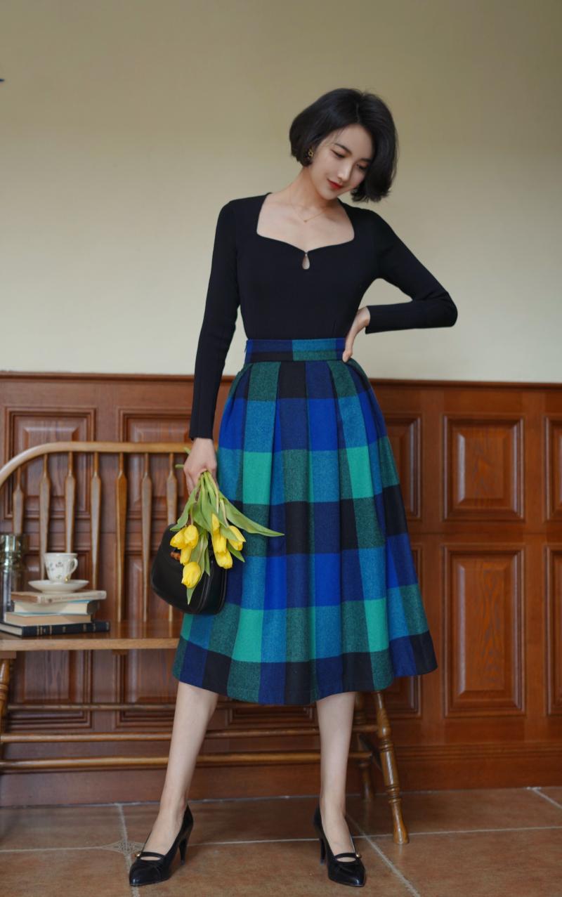 Indigo Green Plaid Retro Umbrella Skirt