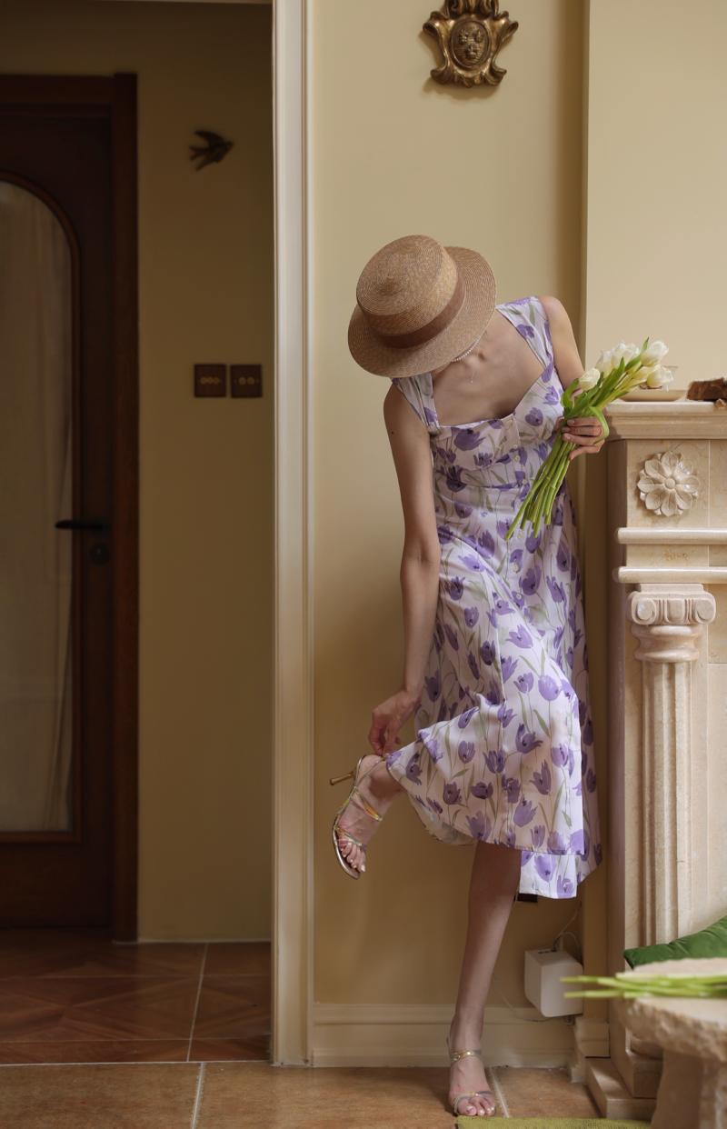 Light purple flower pattern retro dress