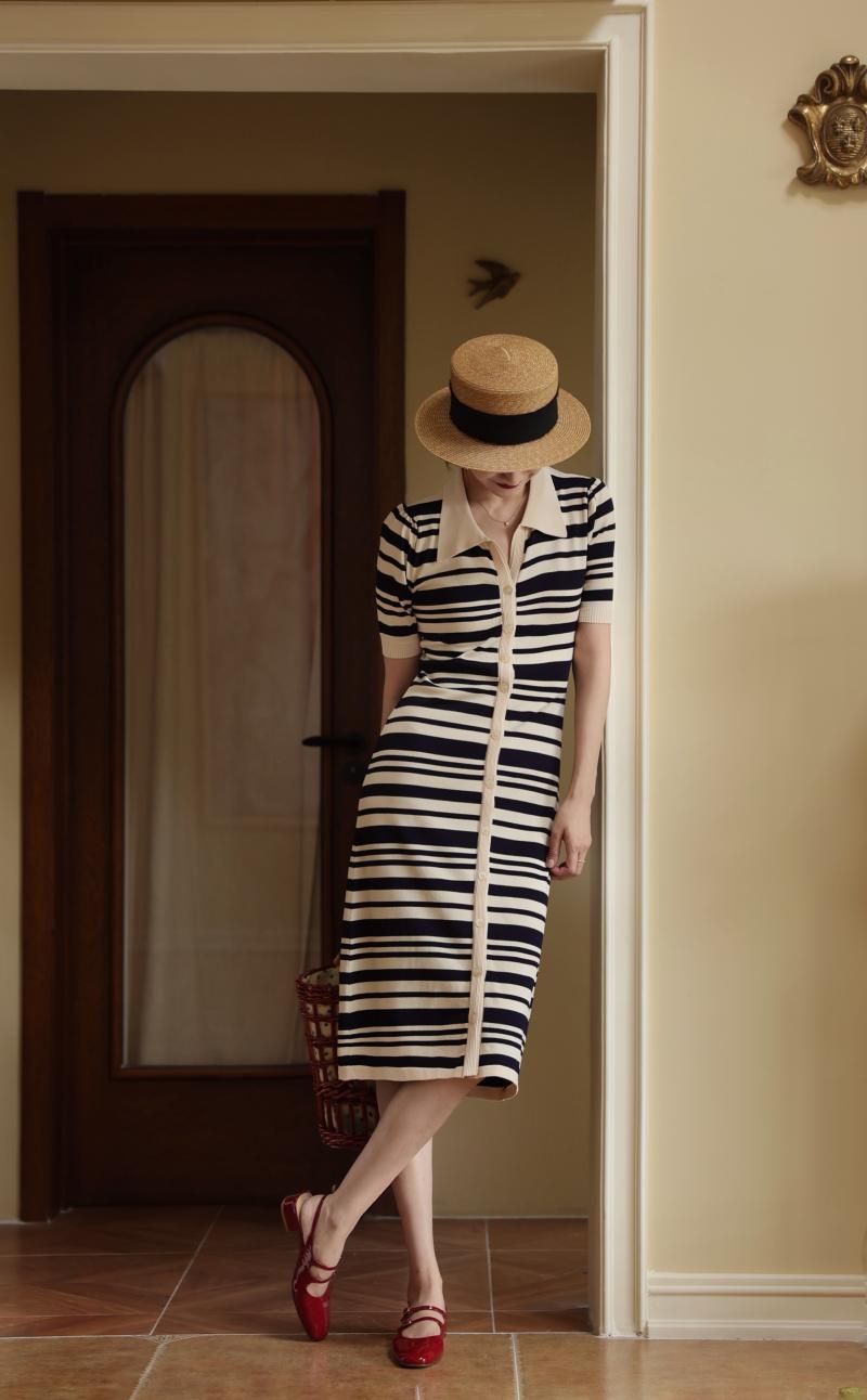 Deep striped polo knit dress