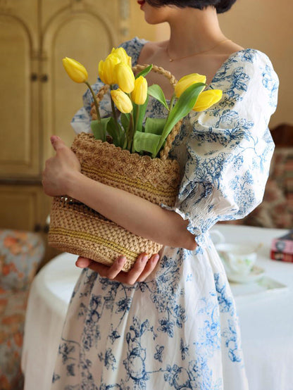 Blue indigo flower pattern retro dress