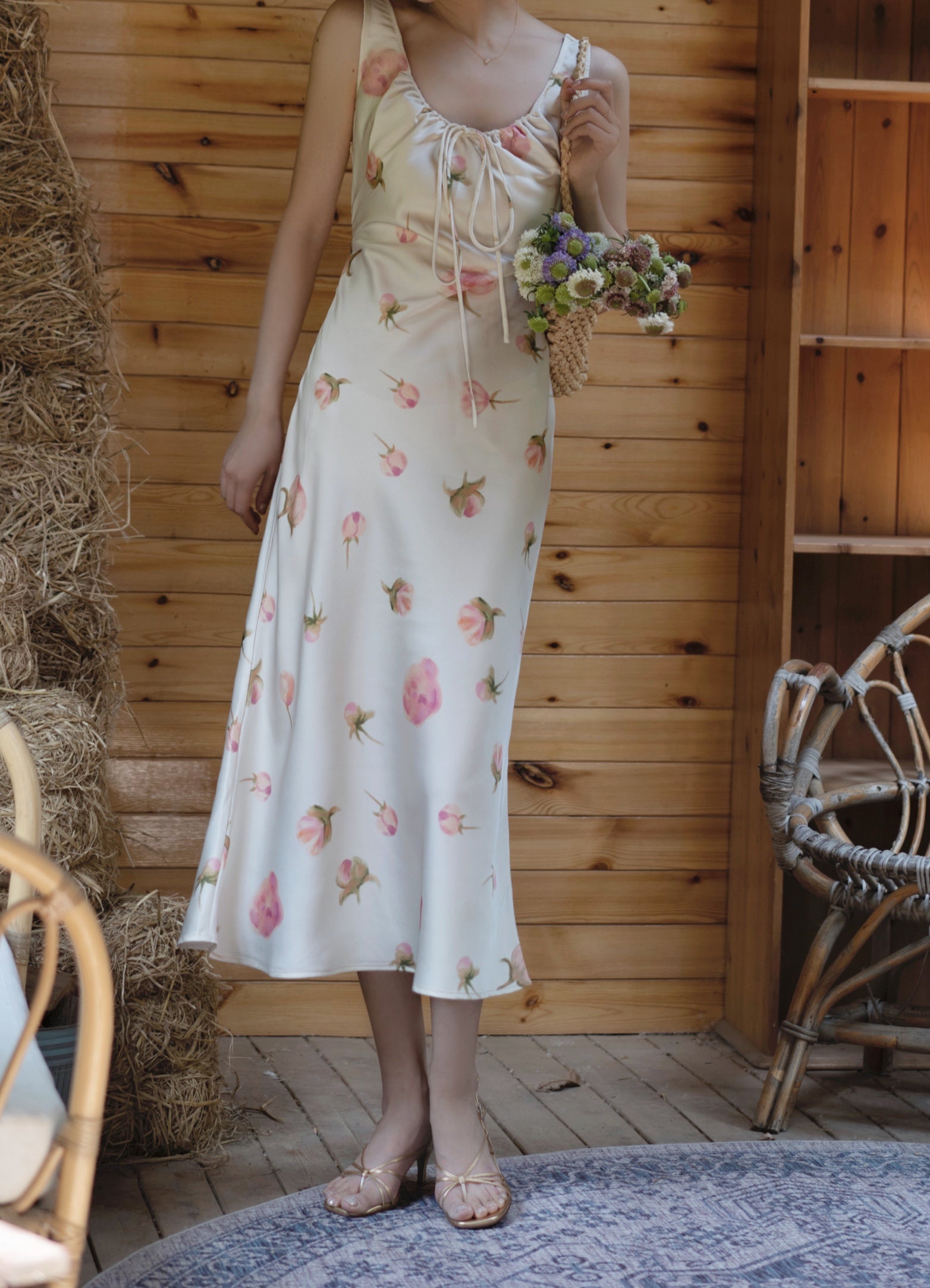 Light pink rose bud sleeveless long dress