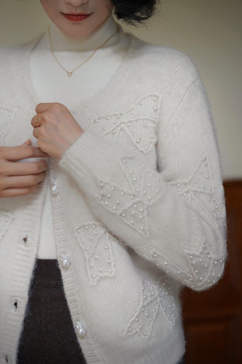 Embroidered mohair cardigan with bow