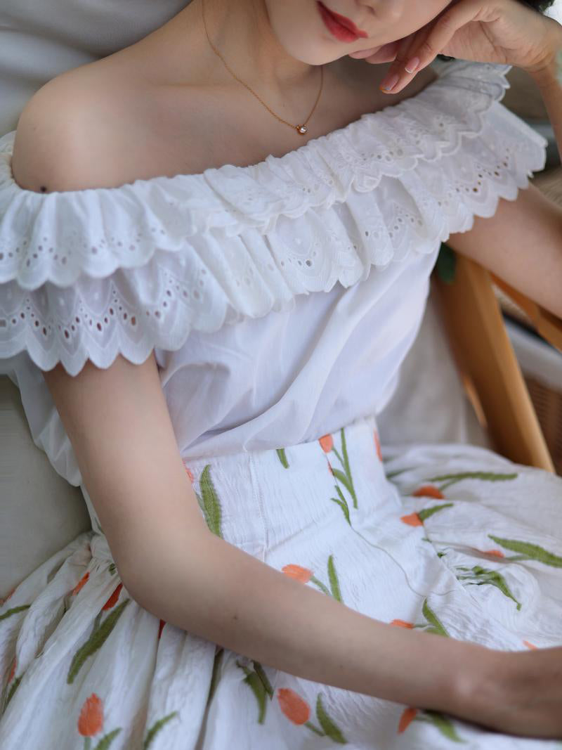 Pure white embroidery off-shoulder blouse