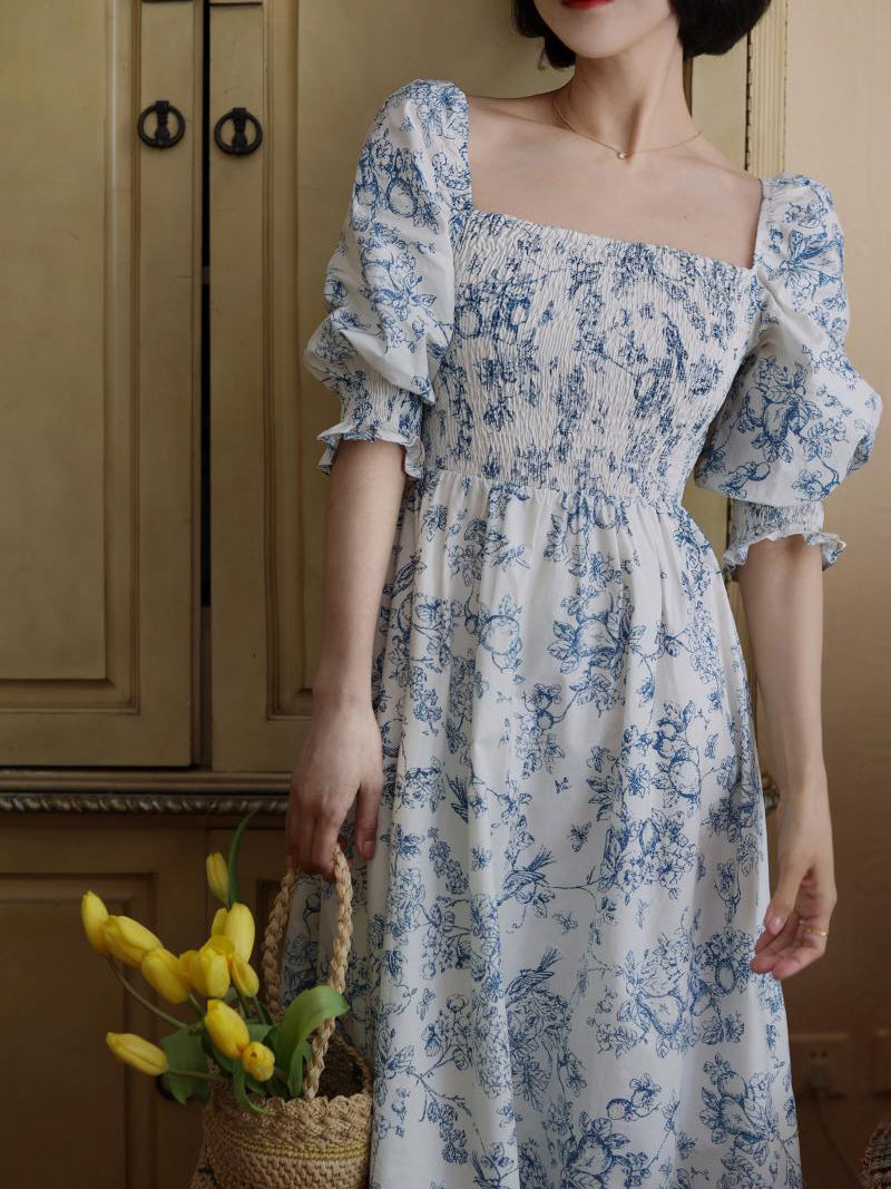 Blue indigo flower pattern retro dress