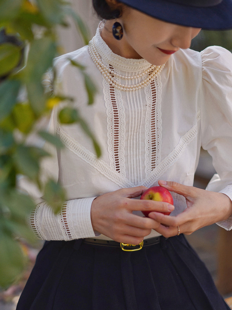 Pure white embroidery high neck blouse