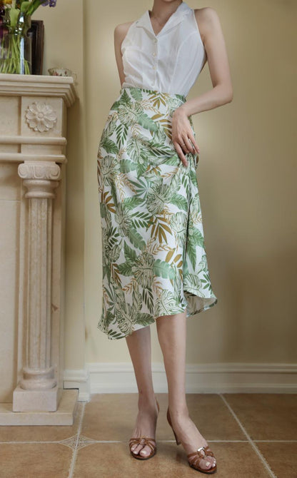 Jungle Leaf Shade Pattern Slim Skirt