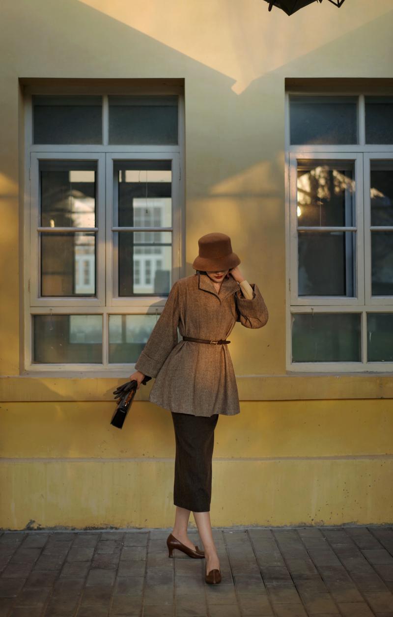 Gray brown lady herringbone wool coat