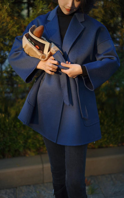 Navy Blue Lady Classical Middle Wool Coat