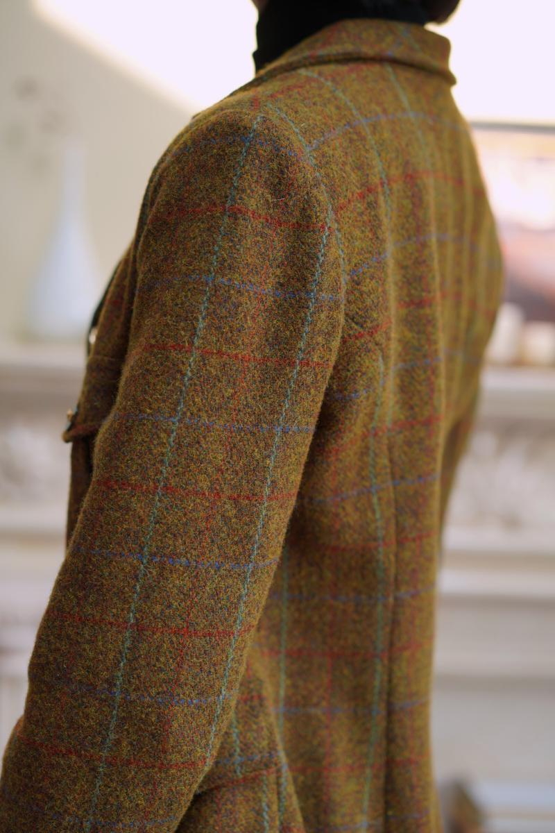 Gray-yellow-green plaid tweed jacket and tweed skirt