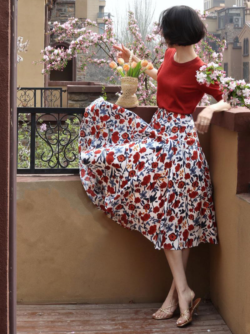 oil painting flower pattern hepburn skirt