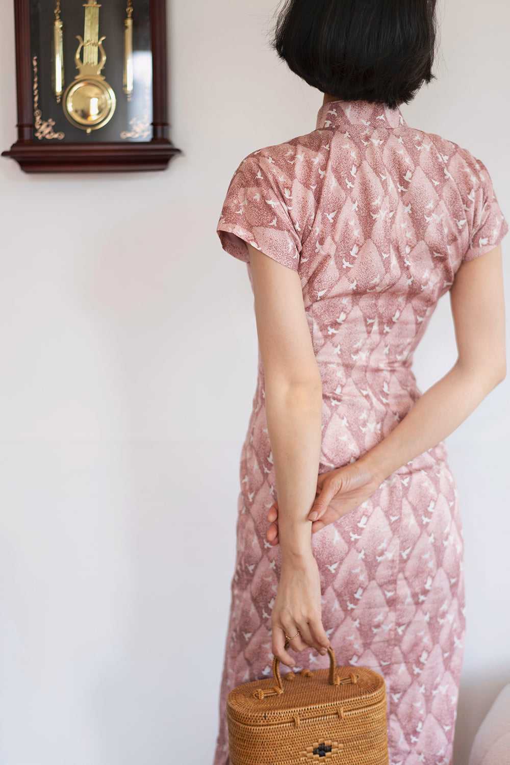 Pale crimson bird cheongsam dress