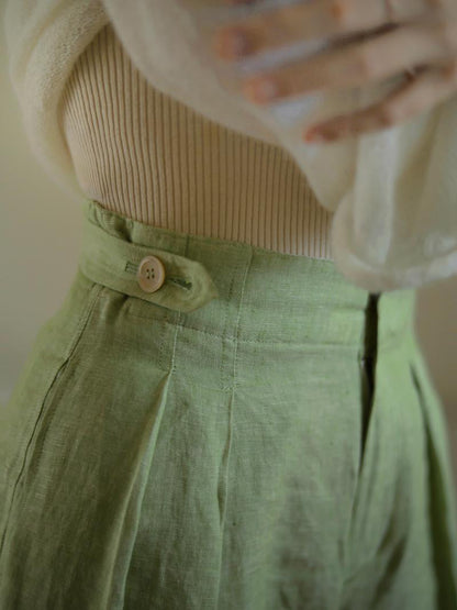 Yellow Light Green Lady Wide Leg Linen Pants