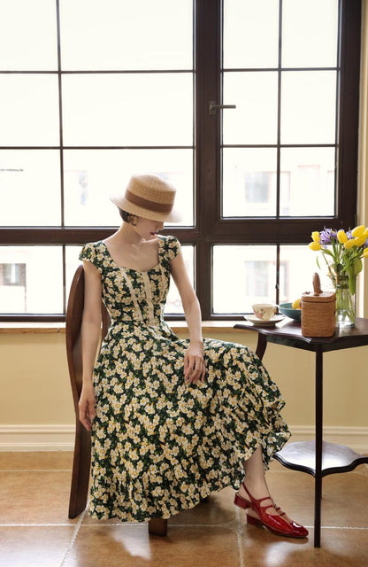 Dark Green Flower Crowd Hepburn Dress