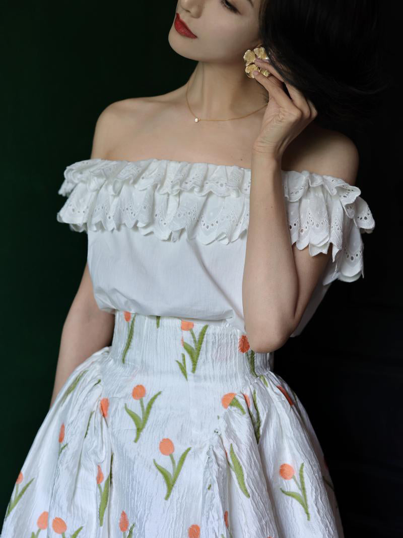 Pure white embroidery off-shoulder blouse