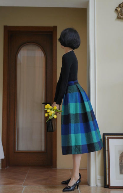 Indigo Green Plaid Retro Umbrella Skirt