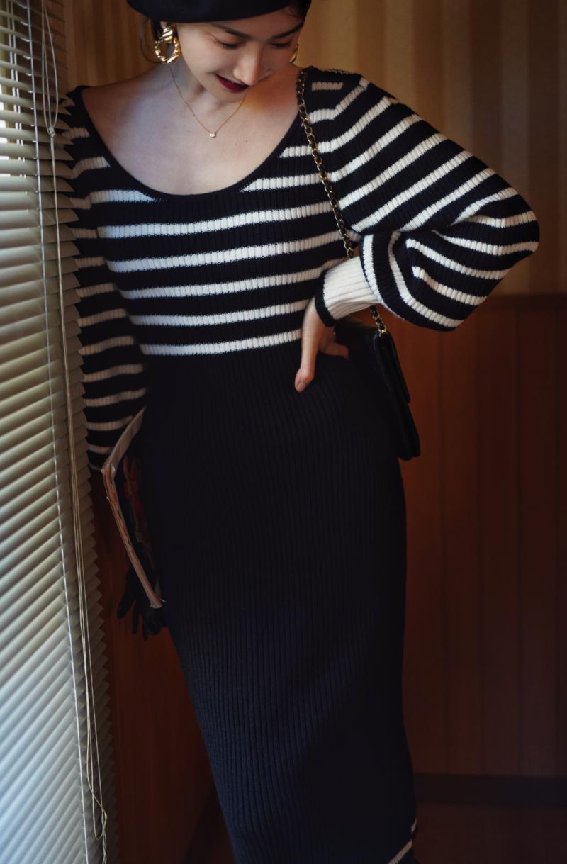 Black and white striped knit dress