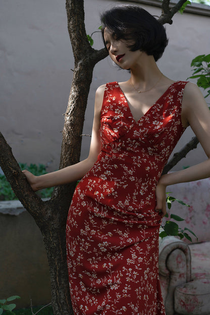 Crimson flower retro V-neck sleeveless dress