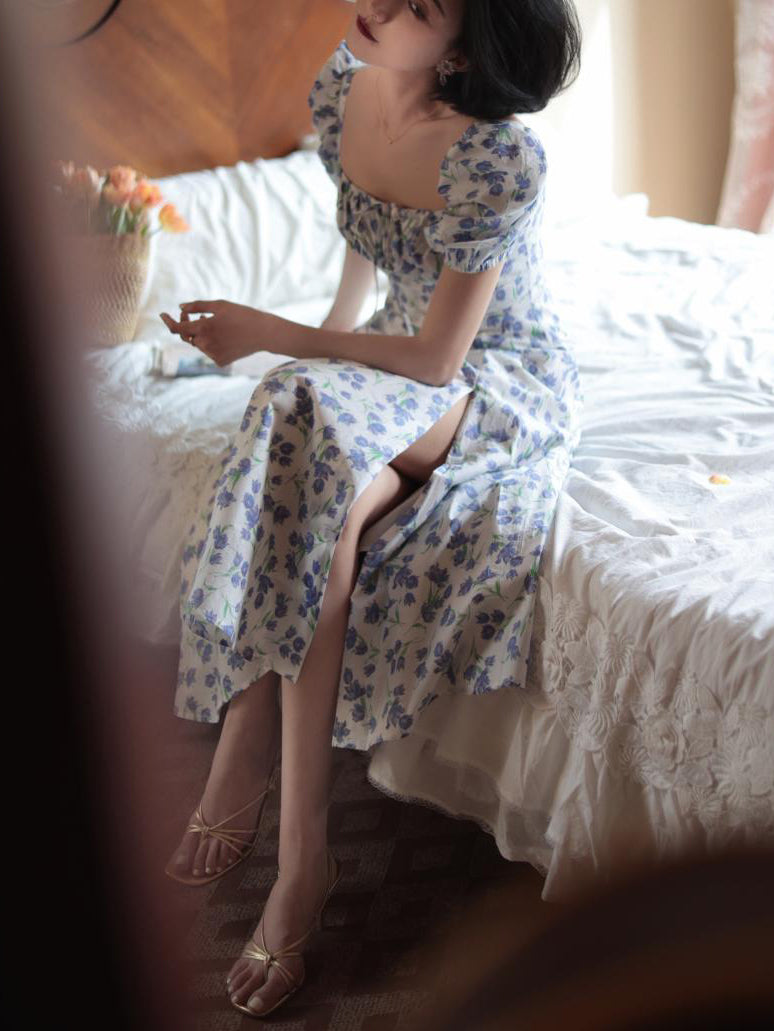 Blue Floral Pattern French Retro Dress