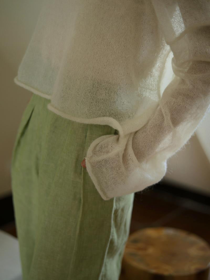 Yellow Light Green Lady Wide Leg Linen Pants