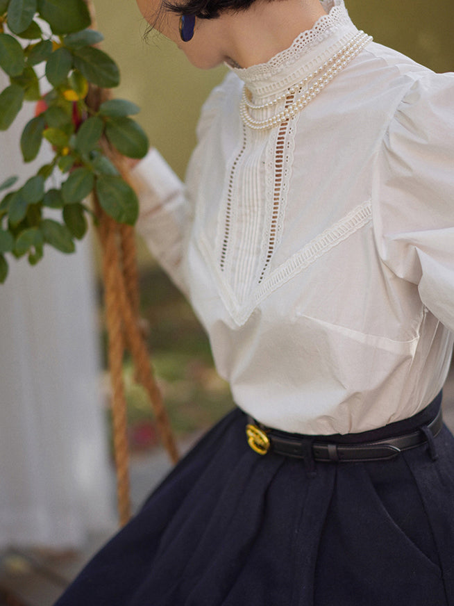 Pure white embroidery high neck blouse