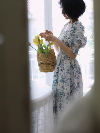 Blue indigo flower pattern retro dress