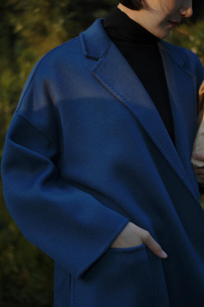 Navy Blue Lady Classical Middle Wool Coat