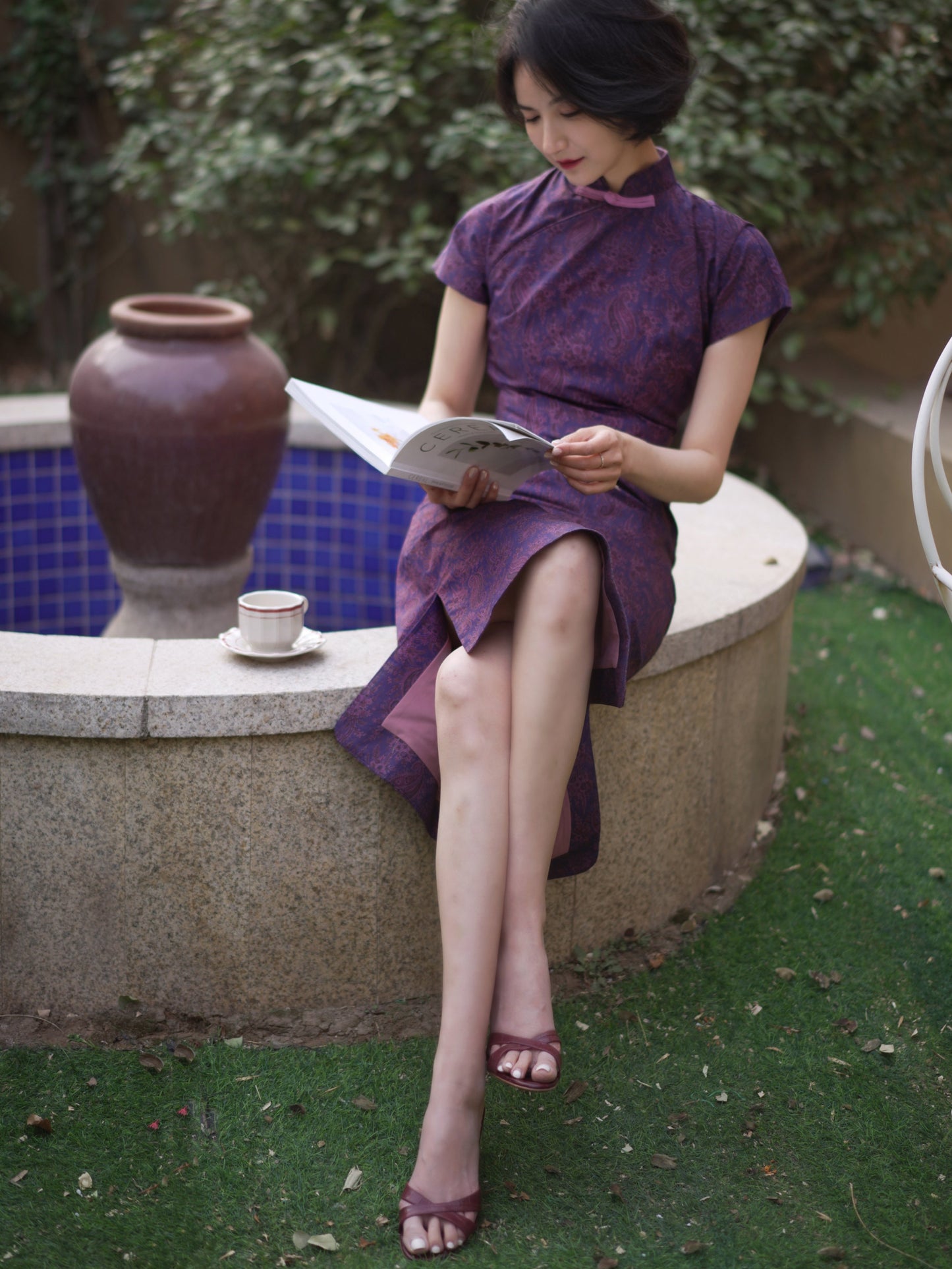 purple floral cheongsam dress