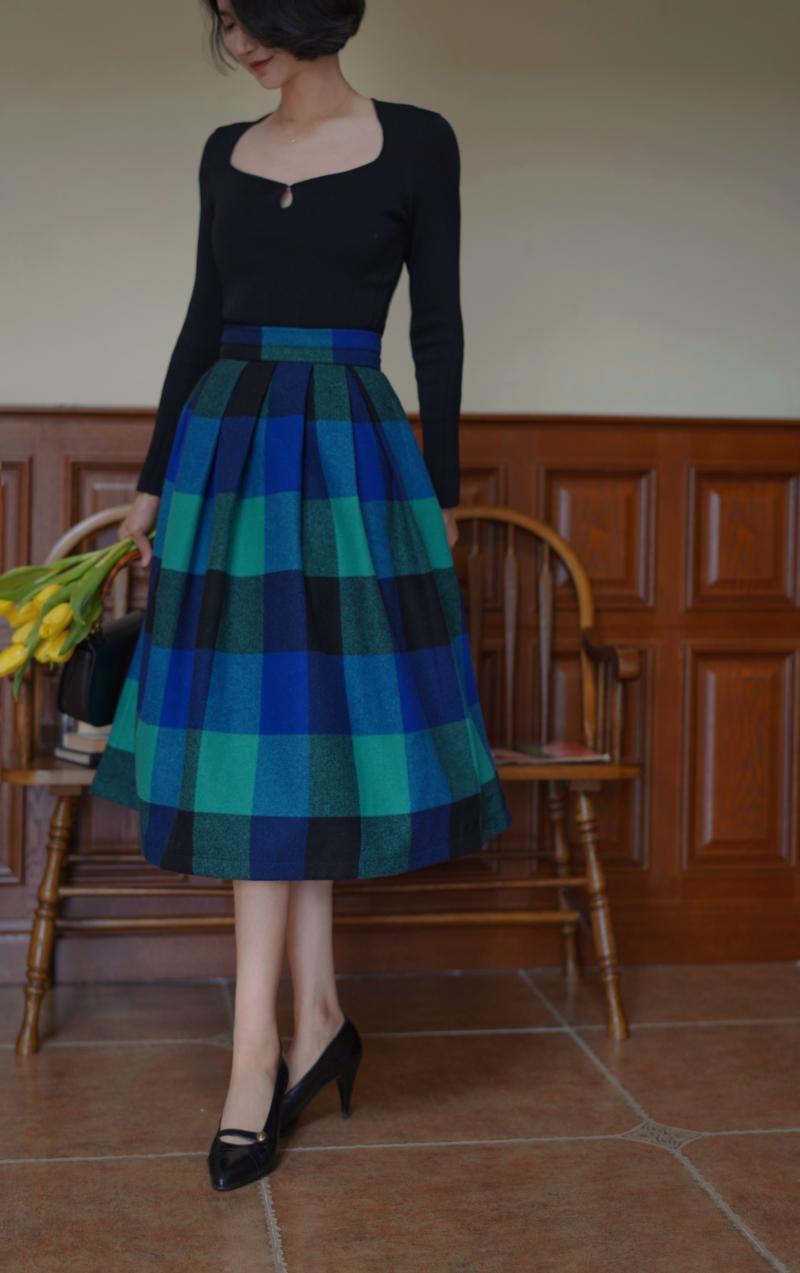 Indigo Green Plaid Retro Umbrella Skirt