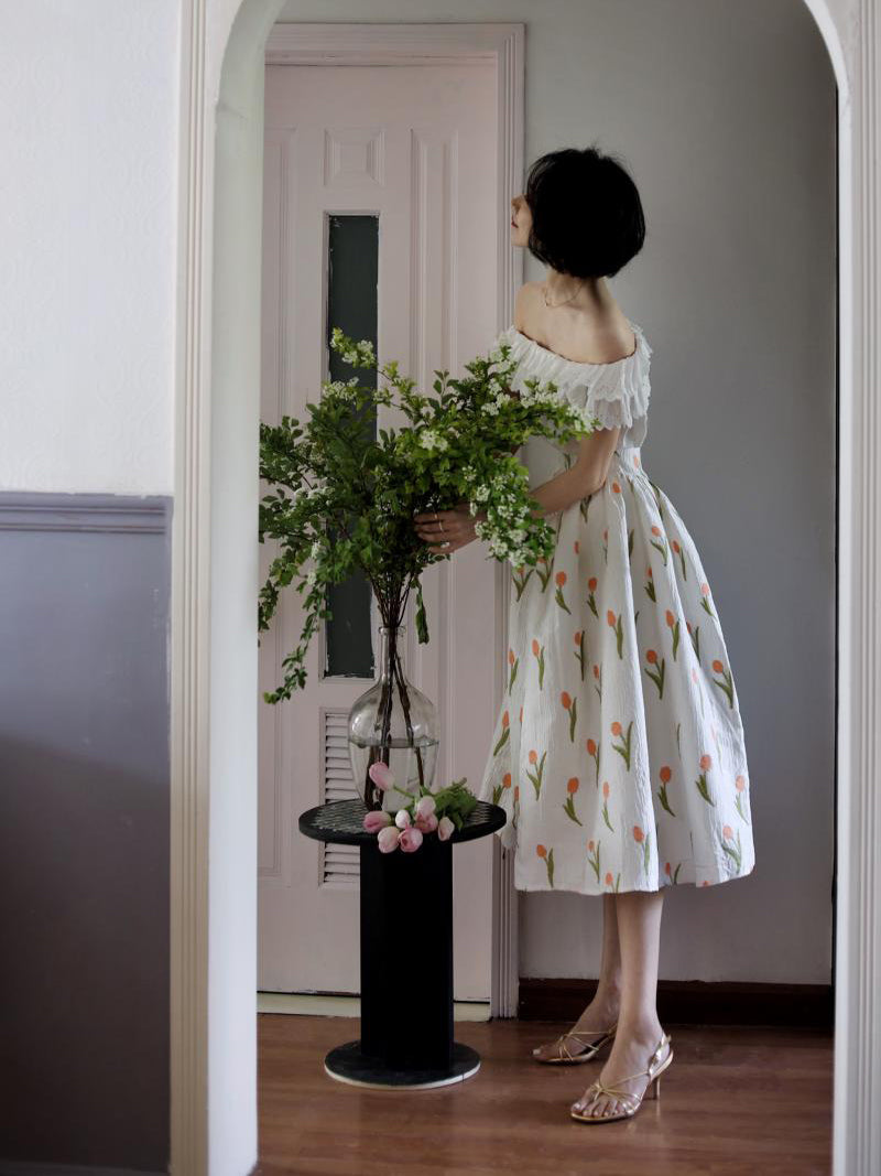 Orange floral high waist skirt