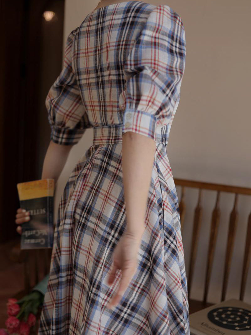 Indigo red plaid retro dress