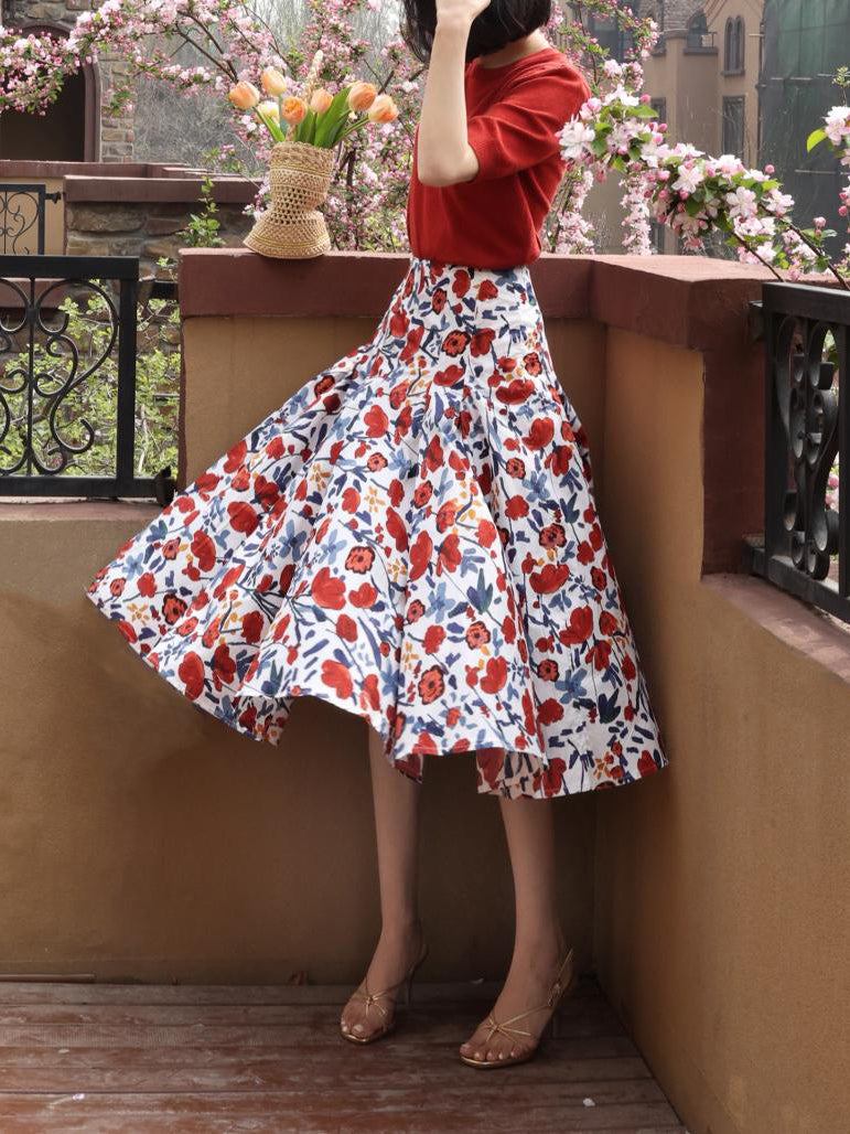 oil painting flower pattern hepburn skirt