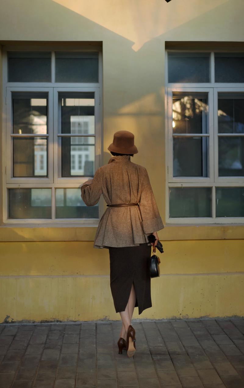 Gray brown lady herringbone wool coat