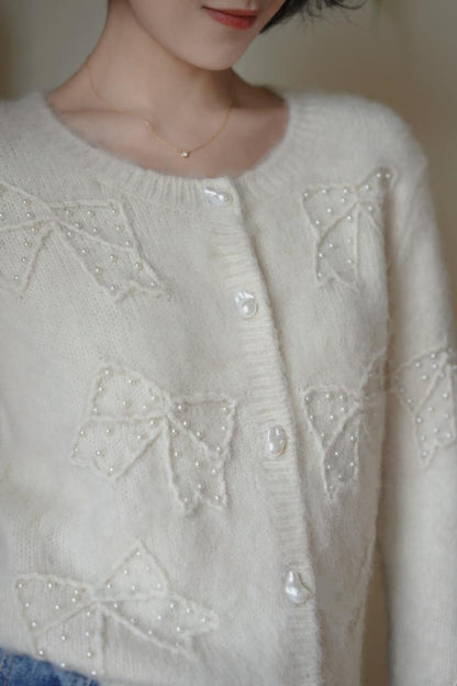 Embroidered mohair cardigan with bow